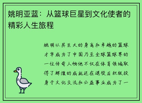 姚明亚蓝：从篮球巨星到文化使者的精彩人生旅程